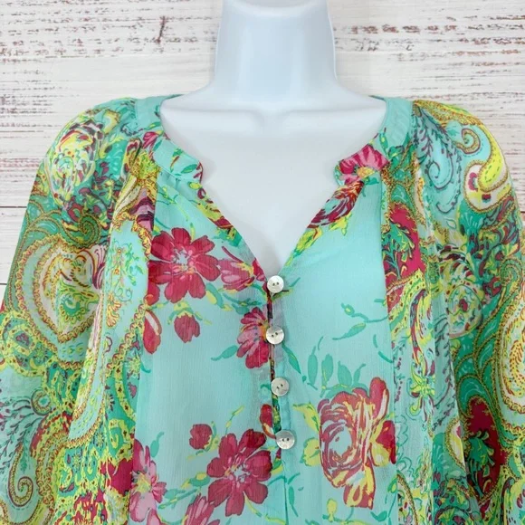 Figueroa & Flower Multicolor Paisley Sheer 3/4 Sleeve Blouse - Picture 2 of 14